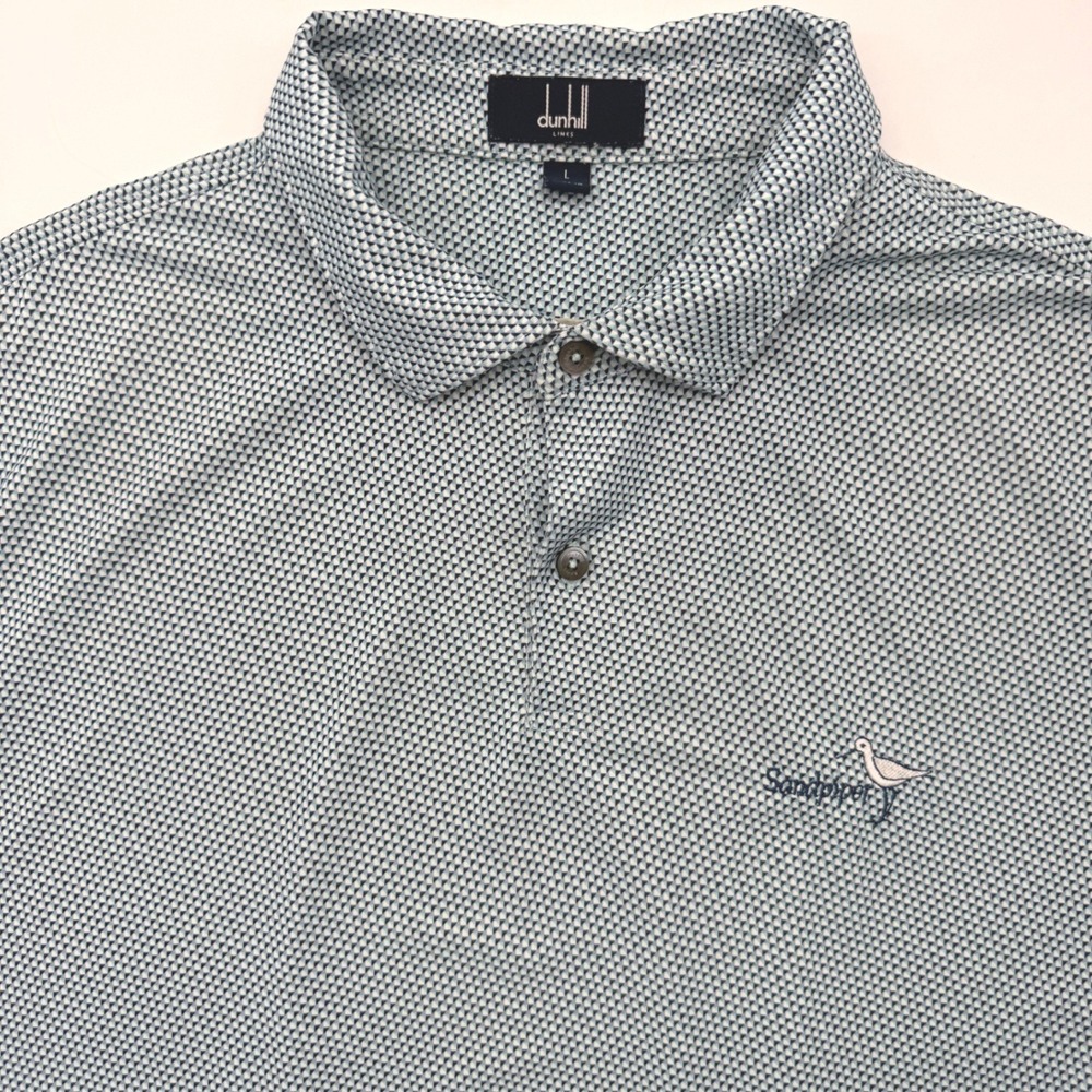 Dunhill Polo Shirt Mens L Blue Sandpiper Links Geometric Micro Print Short Slv